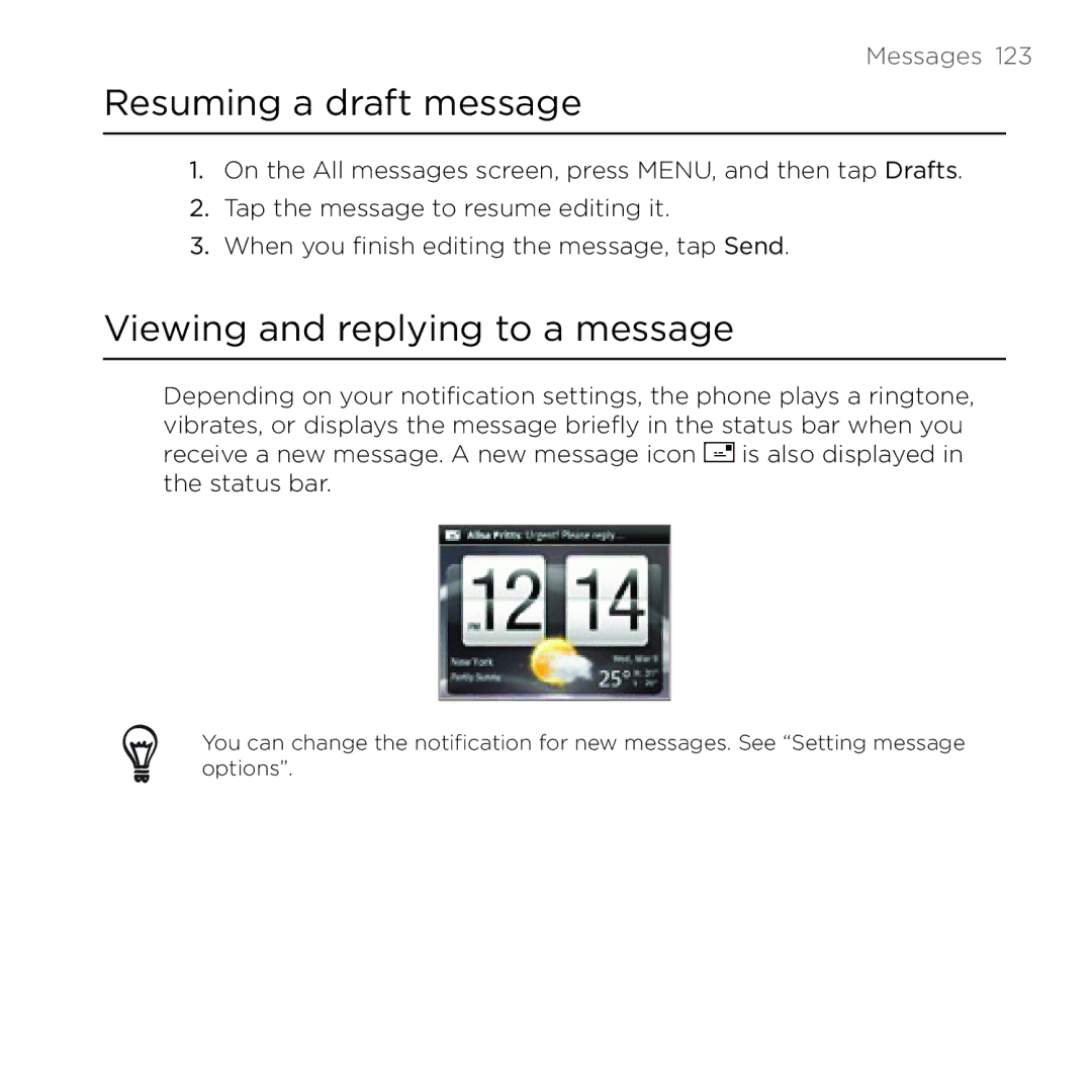 HTC Thunderbolt manual Resuming a draft message, Viewing and replying to a message, Messages  